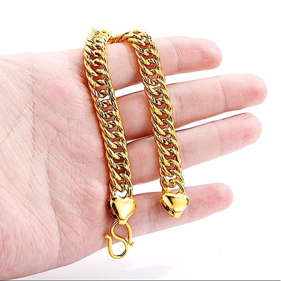 GOLD CHAIN BRACELET THICK CUBAN UNISEX 24K PLATED - Picture 4 of 6